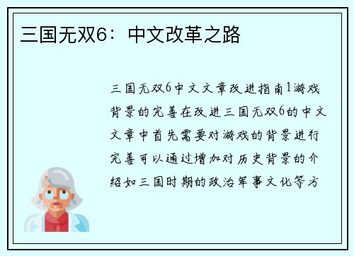 三国无双6：中文改革之路